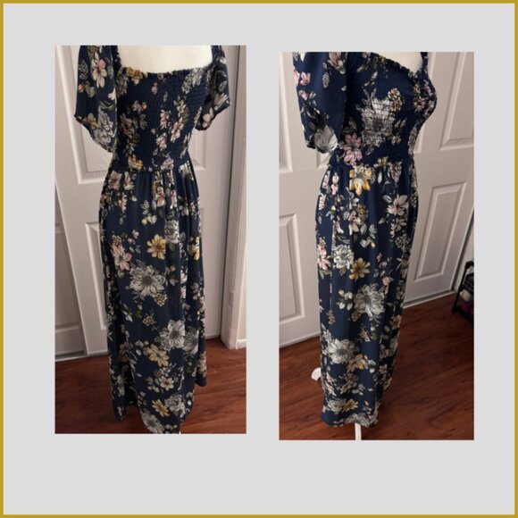 Navy Floral Smocked Maxi Dress – Off Shoulder / Short Sleeves – M - Picture 3 of 3